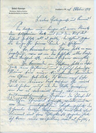 Jacob Sprenger, Gauleiter von Hessen Nassau und Reichsstatthalter in Hessen, eigenhändiger Brief mit Unterschrift datiert 1939