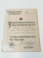 1. Weltkrieg, Verleihungsurkunde "für mutiges und tapferes Verhalten das Eiserne Kreuz II.Klasse verliehen" Urkunde auf Karton aufgezogen, Maße 21 x 27cm