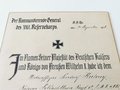 1. Weltkrieg, Verleihungsurkunde "für mutiges und tapferes Verhalten das Eiserne Kreuz II.Klasse verliehen" Urkunde auf Karton aufgezogen, Maße 21 x 27cm