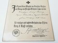 1. Weltkrieg, Verleihungsurkunde "für mutiges und tapferes Verhalten das Eiserne Kreuz II.Klasse verliehen" Urkunde auf Karton aufgezogen, Maße 21 x 27cm