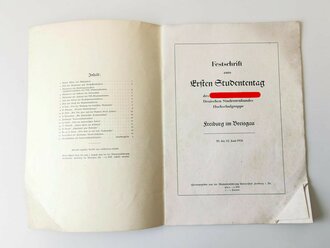 "Freiburger Studententag 1938 " Festschrift zum Ersten Studententag des N.S. Deutschen Studentenbundes Freiburg im Breisgau. 32 Seiten, DIN A4