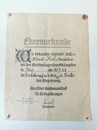 Ehrenurkunde DRL für den Sieg bei den Reichsjugendwettkämpfen 1922