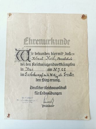 Ehrenurkunde DRL für den Sieg bei den Reichsjugendwettkämpfen 1922