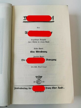 Adolf Hitler " Mein Kampf" Blaue Ganzleinenausgabe von 1941 in gutem Zustand, im Deckblatt wohl eine eingeklebte Widmung entfernt