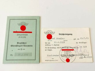 NSFK Gleitfliegerausweis "B" eines Angehörigen aus Karlsruhe, dazu der Berechtigungsschein das "A-Gleitflieger Abzeichen" zu tragen