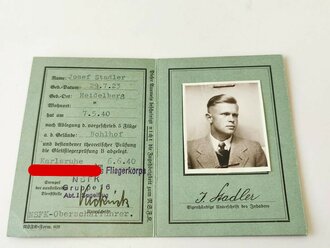 NSFK Gleitfliegerausweis "B" eines Angehörigen aus Karlsruhe, dazu der Berechtigungsschein das "A-Gleitflieger Abzeichen" zu tragen