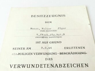 Besitzzeugnis zum Verwundetenabzeichen schwarz,...