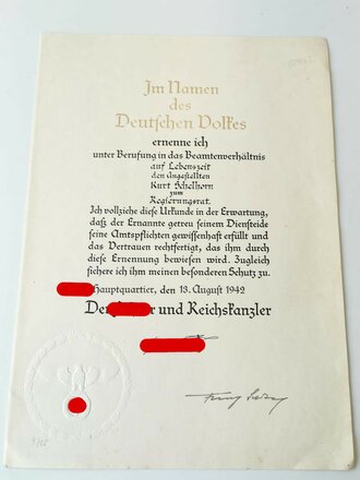 Großformatige Ernennungsurkunde zum Regierungsrat, ausgestellt 1942