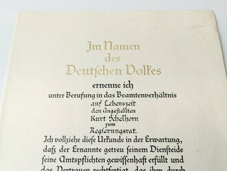 Großformatige Ernennungsurkunde zum Regierungsrat, ausgestellt 1942