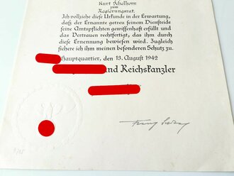 Großformatige Ernennungsurkunde zum Regierungsrat, ausgestellt 1942