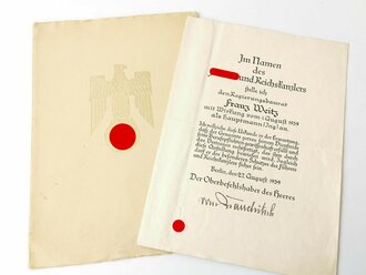 Großformatige Anstellungsurkunde als Hauptmann ( Ing), ausgestellt 1939, eigenhändige Unterschrift Oberbefehlshaber des Heeres von Brauchitsch