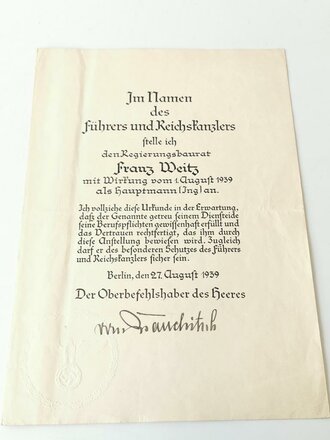 Großformatige Anstellungsurkunde als Hauptmann ( Ing), ausgestellt 1939, eigenhändige Unterschrift Oberbefehlshaber des Heeres von Brauchitsch