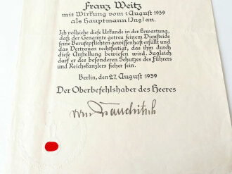 Großformatige Anstellungsurkunde als Hauptmann ( Ing), ausgestellt 1939, eigenhändige Unterschrift Oberbefehlshaber des Heeres von Brauchitsch