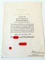 Großformatige Ernennungsurkunde zum Oberintendanturrat, ausgestellt 1940. Dazu drei weitere Ernennungen, eine davon mit eigenhändiger Unterschrift Reichskriegsminister Werner von Blomberg