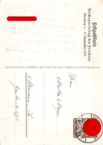 III. Reich - farbige Propaganda-Postkarte - " Reichsparteitag Nürnberg 1939 ", gelaufen