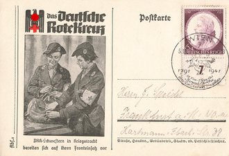 Ansichtskarte "Das Deutsche Roten Kreuz - DRK-Schwestern in Kriegstracht bereiten sich auf ihren Fronteinsatz vor", datiert 1941