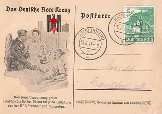 Ansichtskarte "Das Deutsche Roten Kreuz - Von seiner Verwundung geheilt, verabschiedet sich der Soldat bei seiner Entlassung von der DRK-Schwester und Kameraden", datiert 1941