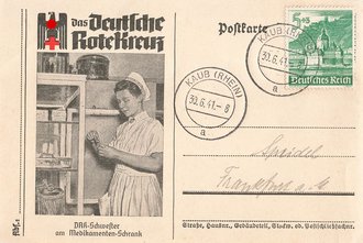 Ansichtskarte "Das Deutsche Roten Kreuz - DRK-Schwester am Medikamenten-Schrank" datiert 1941