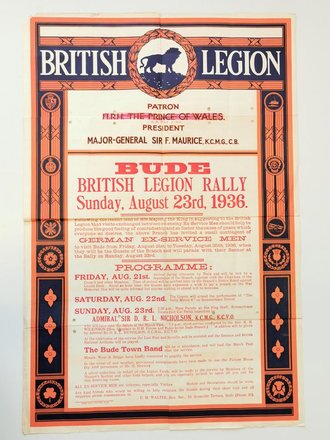 British 1936 dated wall poster British Legion. 50 x 76 cm, severals holes, folded