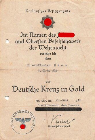 Gruppe Verleihungsurkunden für den Träger des Deutschen Kreuz in Gold Unteroffizier Reimar Ramm, Angehöriger IR/ Gr. 220. Seltener Nachlass eines tapferen Feldwebel.