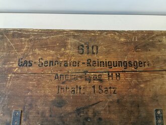 Reinigungsgerät für Gaserzeugeranlagen "Andra Typ H8" der Wehrmacht. Kompletter Satz in zugehörigem Transportkasten, mit "Einbau- und Bedienungsanweisung und Ersatzteilliste von 1944"  Gebraucht.