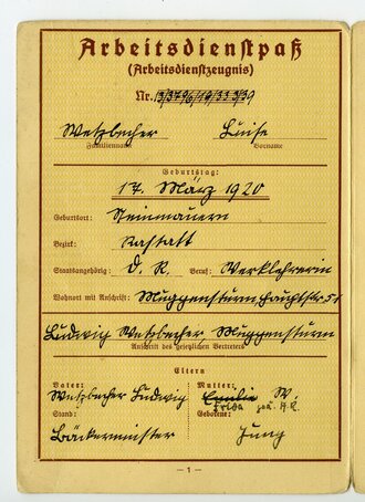 Reichsarbeitsdienst für die weibliche Jugend, Arbeitsdienstpass, datiert 1939