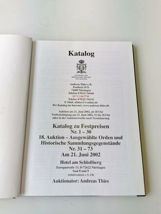 "Andreas Thies" - Buchkatalog zu Festpreisen seltene und ausgesuchte Orden Nr. 1 - 30, 136 Seiten, gebraucht, DIN A5