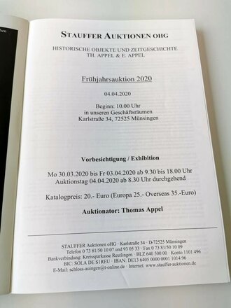 "Stauffer Auktionen oHG" - Historische Objekte und Zeitgeschichte Frühjahrsauktion 2020, 189 Seiten, gebraucht, DIN A4