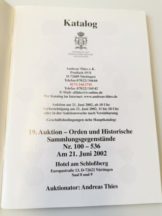 "Andreas Thies 19. Auktion" - 21.Juni.2002, 104 Seiten, gebraucht, DIN A5