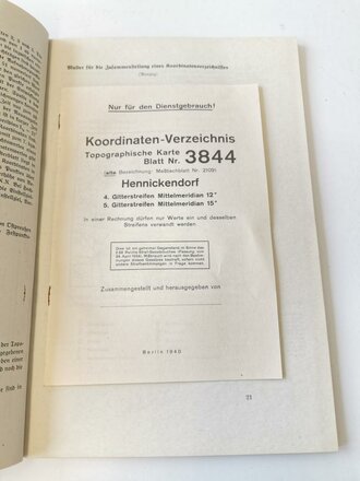 "Anweisung für die Ermittlung der Schießgrundlagen aus den Karten und Festpunktverzeichnissen in den Ost- und Südostgebieten Vademecum Ost " datiert 1941, DIN A4, 89 Seiten