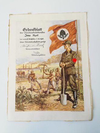 Reichsarbeitsdienst, großformatiges Gedenkblatt datiert 1935 in gutem Zustand