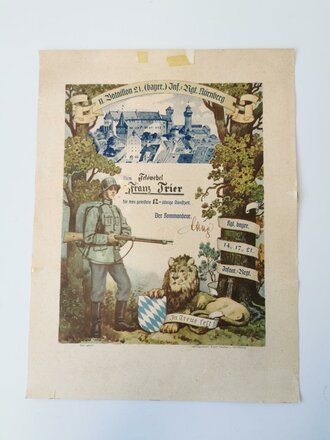 21. Bayerisches Infanterie Regiment Nürnberg, großformatige Dienstzeiturkunde, eigenhändige Unterschrift des Kommandeur 30 x 40cm