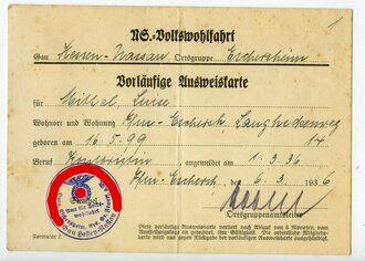 Vorläufige Ausweiskarte NS Volkswohlfahrt, datiert 1936