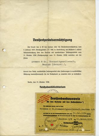 Devisenbankausweis mit Devisenhandelsermächtigung, datiert 1936