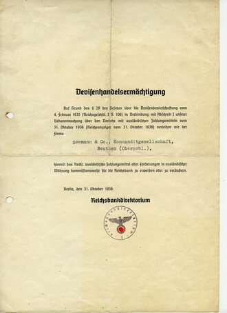 Devisenbankausweis mit Devisenhandelsermächtigung, datiert 1936