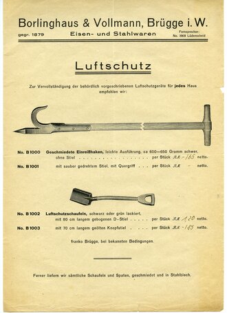 Werbeblatt "Einreißhaken und Luftschutzschaufeln"Borlinghaus & Vollmann, Brügge i.W., DIN A4