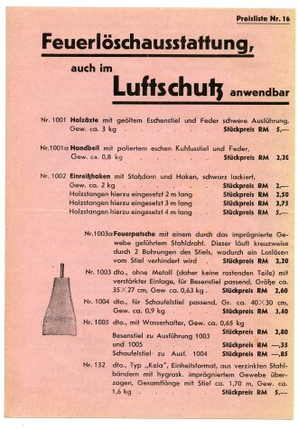 Werbeblatt "Feuerlöschausstattung, auch im Luftschutz anwendbar", DIN A5
