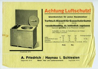 Werbeblatt "Achtung Luftschutz - Torfmull-Klosett für Gasschutzräume", DIN A5