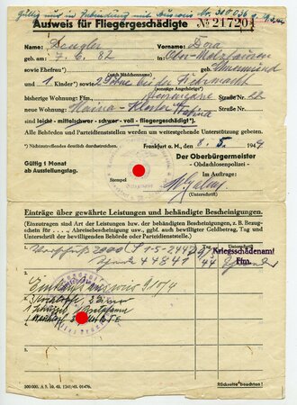 Ausweis für Fliegergeschädigte, datiert 1944