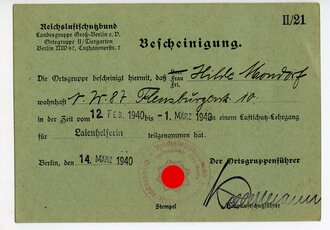 Bescheinigung über die Teilnahme an einem Luftschutzlehrgang Groß Berlin, datiert 1940