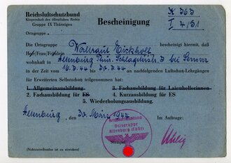Bescheinigung über die Teilnahme an Luftschutzlehrgängen Thürnigen, datiert 1944