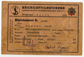 Reichsluftschutzbund Mainz, Mitgliedsausweis Nr. 22586,...