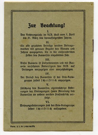 Reichsluftschutzbund, Mitgliedsausweis Nr. 174362, datiert 1937 - 1941