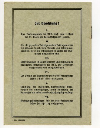 Reichsluftschutzbund Siegen , Mitgliedsausweis Nr. 450, datiert 1940