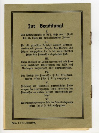 Reichsluftschutzbund Iserlohn, Mitgliedsausweis Nr. 3815, datiert 1936