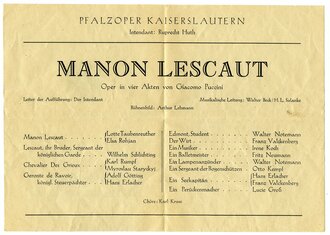 Programmblatt Pfalzoper Kaiserslautern, "Manon...