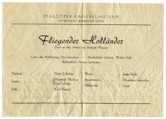 Programmblatt Pfalzoper Kaiserslautern, "Fliegender Holländer", DIN A6, Luftschutzhinweis
