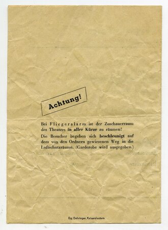 Programmblatt Pfalzoper Kaiserslautern, "Fliegender Holländer", DIN A6, Luftschutzhinweis