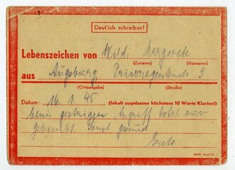 Lebenszeichenkarte aus Augsburg, datiert 1945, DIN A6