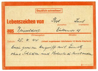 Lebenszeichenkarte aus Düsseldorf, datiert 1944, DIN A6